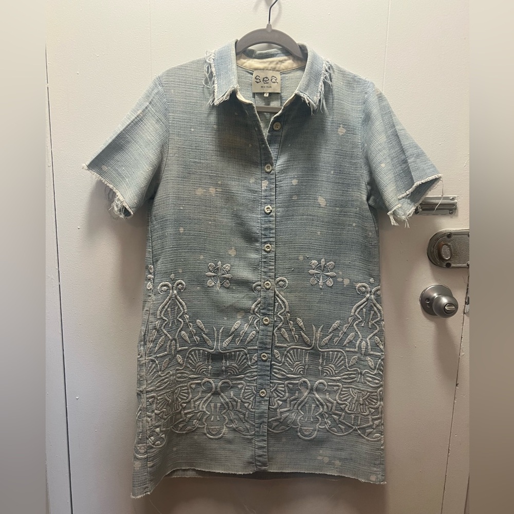 Sea New York distressed denim, embroidered dress with pockets